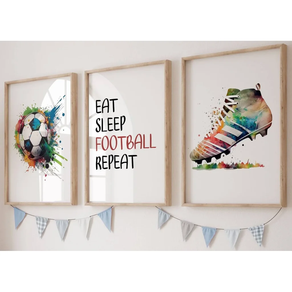 ALAYRA Football Set of 3 Unframed Prints, Football Boots and Ball with Quote Posters, Multi Watercolour Splash, Boys Girls Bedroom Football Wall Art, Football Soccer Decor, Eat Sleep Football Repeat ( - Image 3