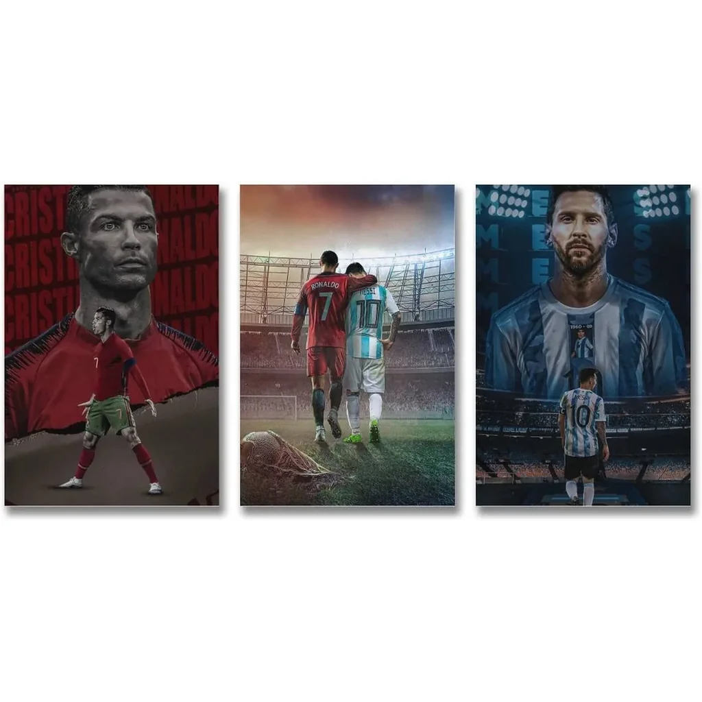 ALAYRA Football Stars Cristiano Ronaldo and Lionel Messi Canvas Poster Art Wall Decor (Unframed) 16inx24in(40cmx60cm) (3 Panel) 01