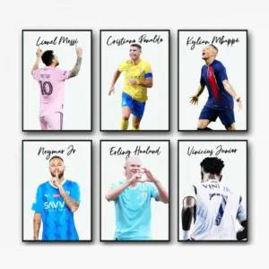 ALAYRA Football Superstar Lionel CR Kylian Mbappe Neymar Jr Erling Haaland Vinicius Junior Poster Sports Art Prints Paper Poster For Wall Football Wall Art Set Of 6, Unframe 8x12inch, 20x30cm 01