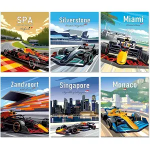 ALAYRA Formula Grand Prix Silverstone Race Track Poster Print Hamilton Verstappen Racing Canvas Painting Comic Wall Art Room Decor, Race Car Wall Decor, F1 Wall Art, Set of 6 (8''x10''Inch, Unframed).