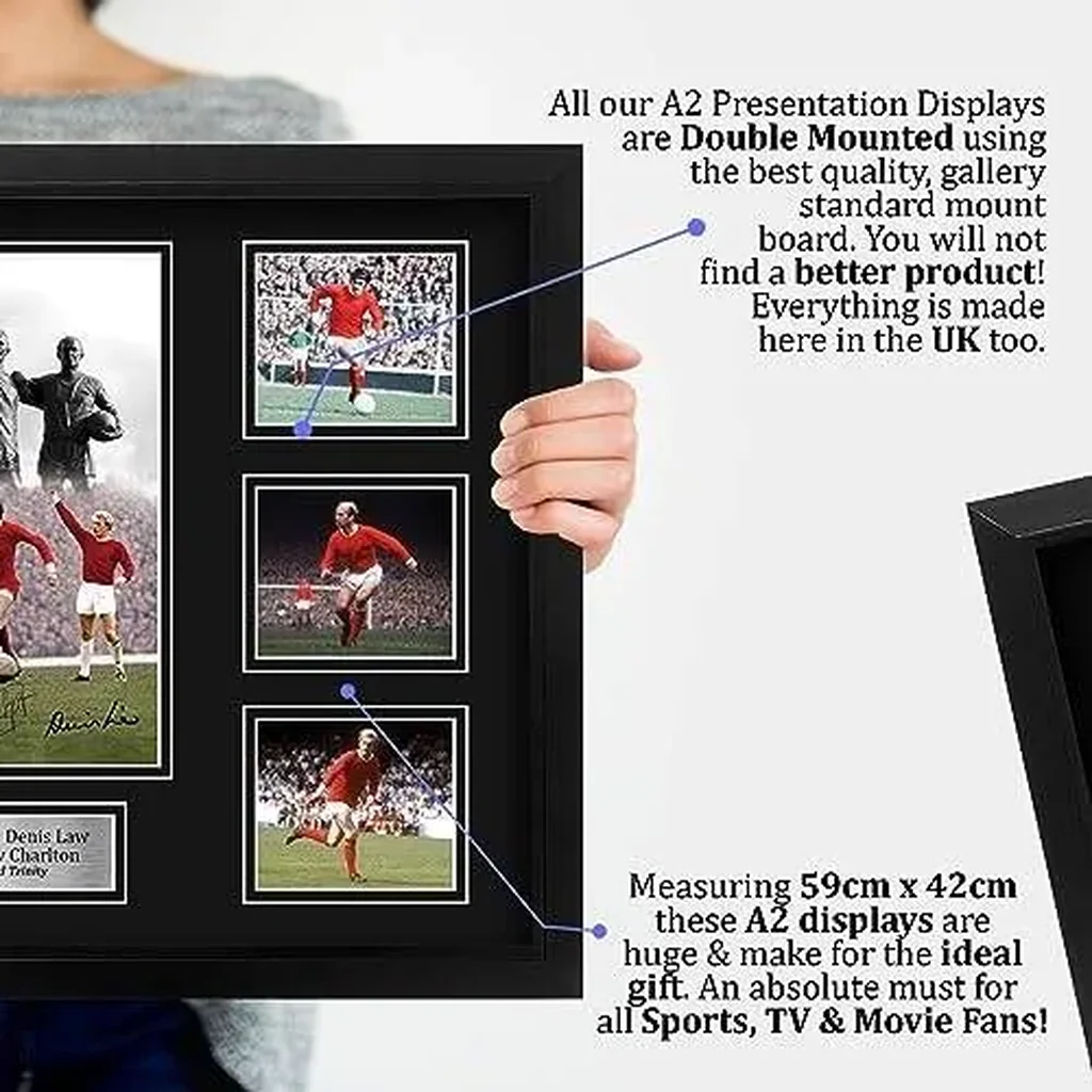 ALAYRA FR A2 George Best, Bobby Charlton Dennis Law Man Utd Printed Memorabilia Signed Autograph Photograph Display for Football Fans and Supporters - A2 Framed 01 - Image 2