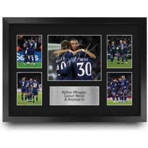 ALAYRA FR A3 Kylian Mbappe, Lionel Messi & Neymar Jr PSG Printed Memorabilia Signed Signature Photo Display For Football Fans And Football Fans - A3 Framed 01
