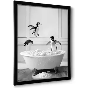 ALAYRA Framed Bathroom Decor Wall Art, Black and White Bathroom Decor, Funny Wall Decoration Animal Penguin in Bathtub, Cute Animal Wall Art for Kid's Room (Framed, 16''x20'') 01