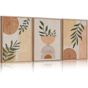 ALAYRA Framed Boho Wall Art Set of 3, 12x14 Mid Century Modern Wall Decor, Bohemian Sun Geometric Painting, Large Abstract Canvas Art Print for Living Room Bedroom, Dining Room Office Bathroom 01