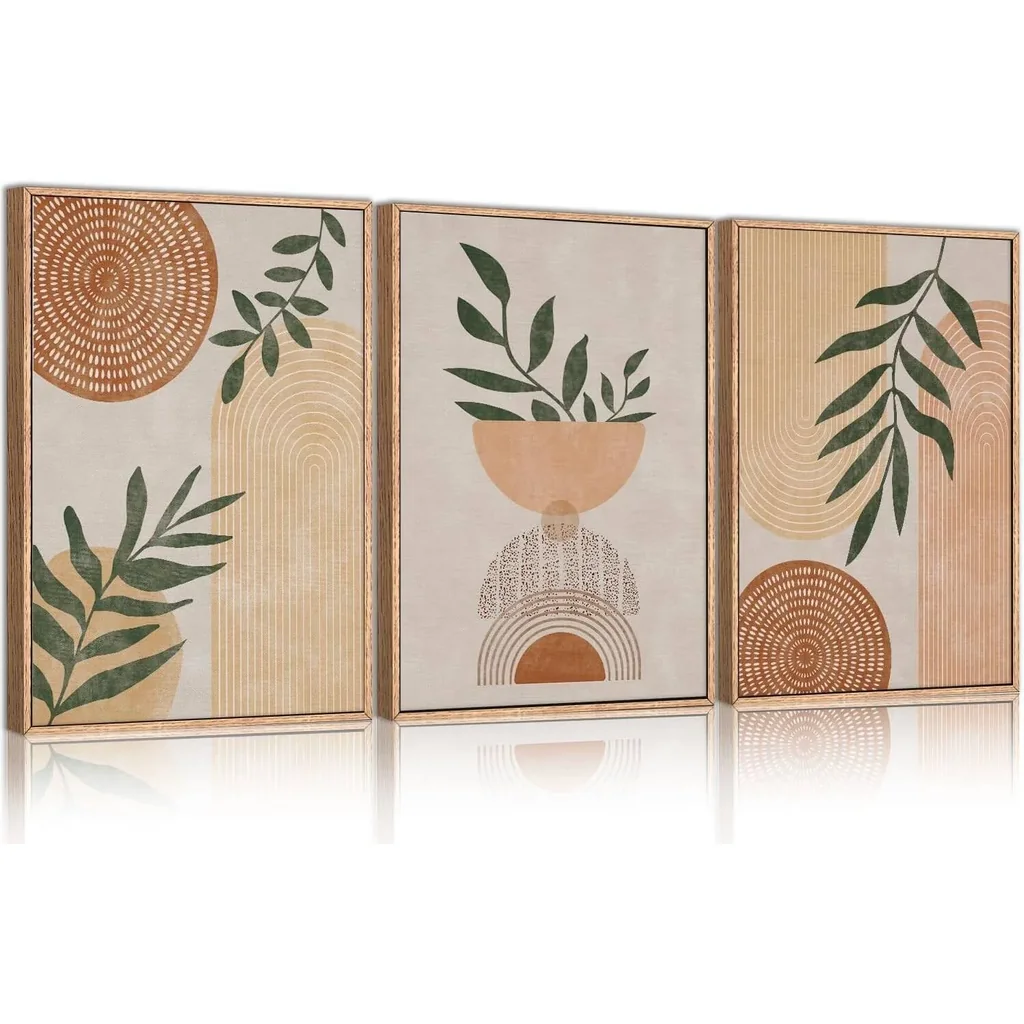 ALAYRA Framed Boho Wall Art Set of 3, 12x14 Mid Century Modern Wall Decor, Bohemian Sun Geometric Painting, Large Abstract Canvas Art Print for Living Room Bedroom, Dining Room Office Bathroom 01