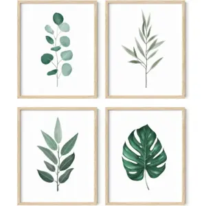 ALAYRA Framed Botanical Wall Art - Set of 4 Tropical Leaf Prints, Sage Green Plant Wall Decor, Minimalist Leaves Art (Beige Frame, 8x10) 01