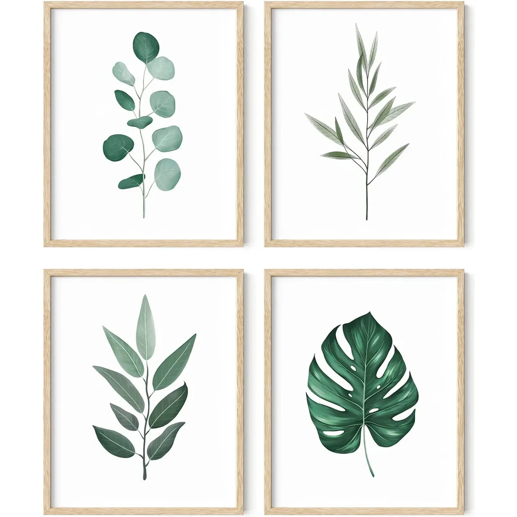 ALAYRA Framed Botanical Wall Art - Set of 4 Tropical Leaf Prints, Sage Green Plant Wall Decor, Minimalist Leaves Art (Beige Frame, 8x10) 01
