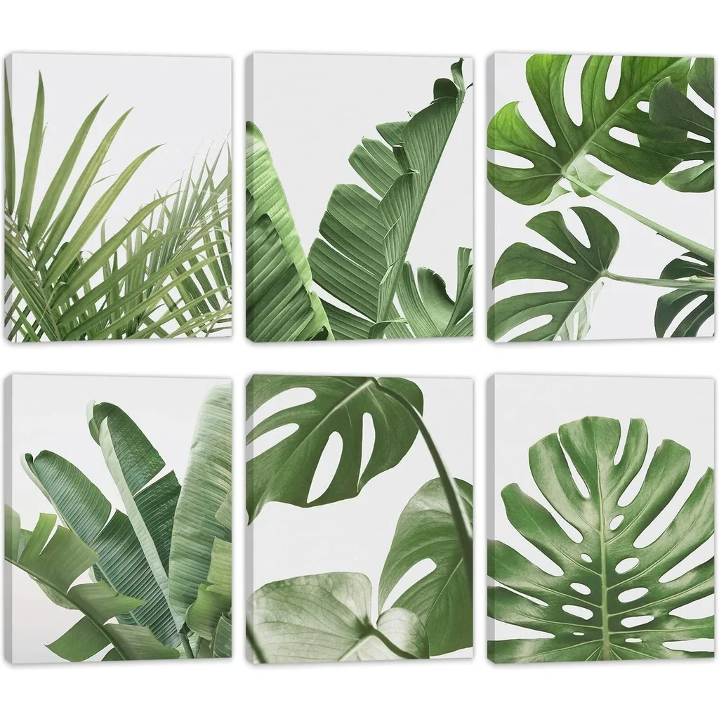 ALAYRA Framed Botanical Wall Art Prints with WOODEN FRAME INSIDE Set of 6 Tropical Leaves Plant Leaf Canvas Print Wall Decor Green Wall Art Posters Bedroom Living Room Decor (8"x10" FRAME) 01