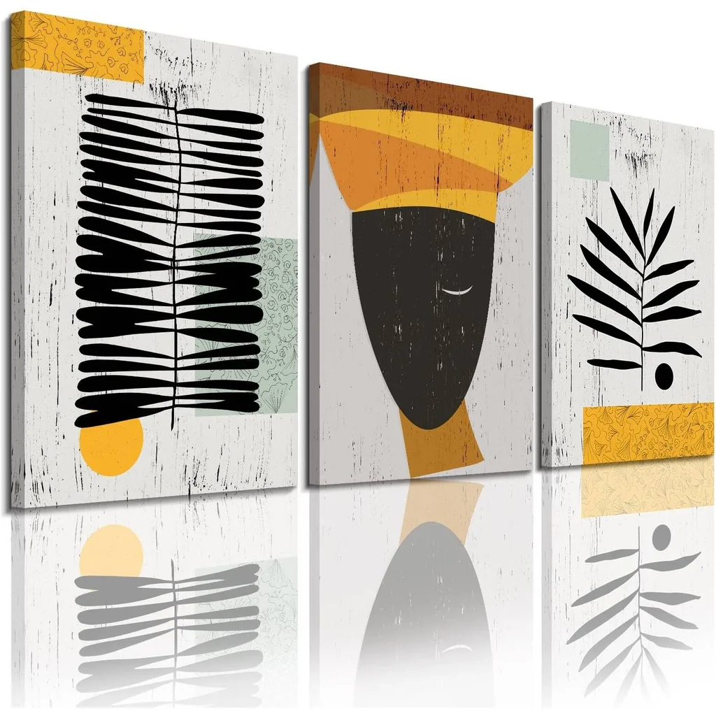 ALAYRA Framed Canvas Wall Art African Ethno Motive Wall Art Set, Abstract Ethno Art, African American Woman Portrait, Black Orange Print, Contemporary Collage, Minimalist (A-3pcs, 12x16inchx3pcs) 01