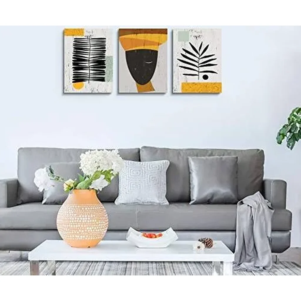 ALAYRA Framed Canvas Wall Art African Ethno Motive Wall Art Set, Abstract Ethno Art, African American Woman Portrait, Black Orange Print, Contemporary Collage, Minimalist (A-3pcs, 12x16inchx3pcs) 01 - Image 2