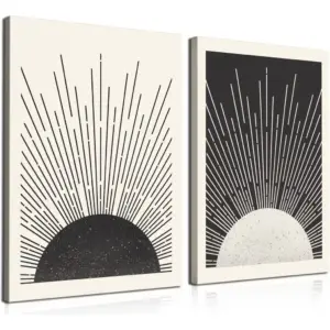 ALAYRA Framed Canvas Wall Art Boho Sun Wall Art Set of 2 Sun Rising on the Horizon Geometric Nature Illustrations Line Art Wall Mid Century Modern Boho Wall Decor for Living Room Bathroom 12x16inch 01