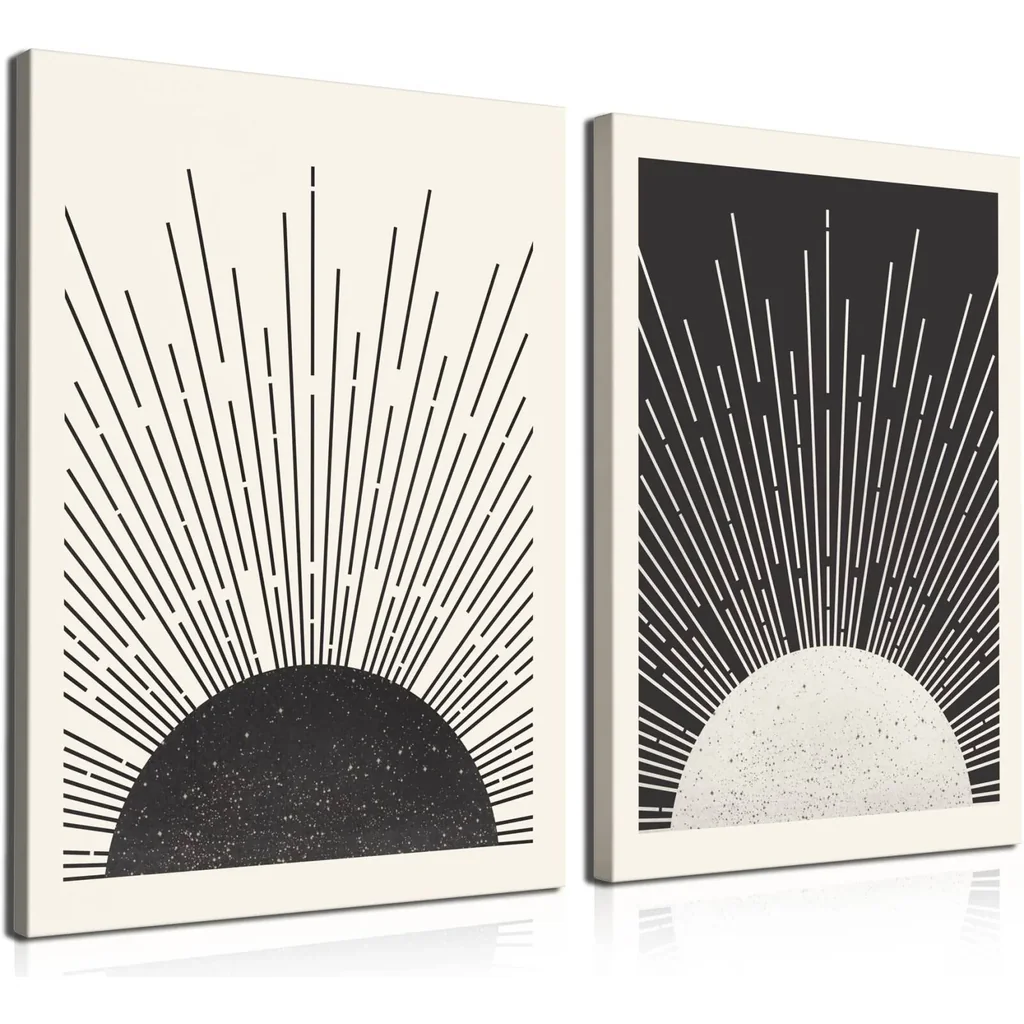 ALAYRA Framed Canvas Wall Art Boho Sun Wall Art Set of 2 Sun Rising on the Horizon Geometric Nature Illustrations Line Art Wall Mid Century Modern Boho Wall Decor for Living Room Bathroom 12x16inch 01