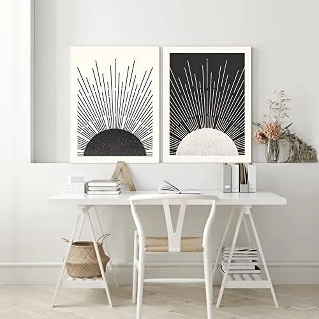 ALAYRA Framed Canvas Wall Art Boho Sun Wall Art Set of 2 Sun Rising on the Horizon Geometric Nature Illustrations Line Art Wall Mid Century Modern Boho Wall Decor for Living Room Bathroom 12x16inch 01 - Image 5