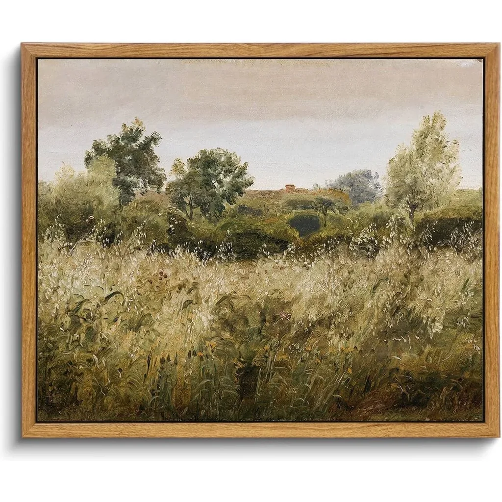 ALAYRA Framed Canvas Wall Art, Vintage Meadow Landscape Wall Art Prints, Retro Country Wildflower Field Farmhouse Wall Decor Ready To Hang for Bedroom, Bathroom, Living Room, Kitchen, Vintage Room 01