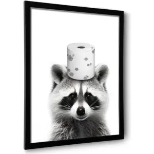 ALAYRA Framed Cute Raccoon Wall Art, Funny Bathroom Decor Wall Art, Black and White Canvas Print Farmhouse Wall Decor, Ready to Hang Kid's Room Decoration (Framed, 11''x14'') 01