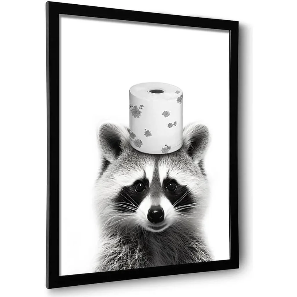 ALAYRA Framed Cute Raccoon Wall Art, Funny Bathroom Decor Wall Art, Black and White Canvas Print Farmhouse Wall Decor, Ready to Hang Kid's Room Decoration (Framed, 11''x14'') 01