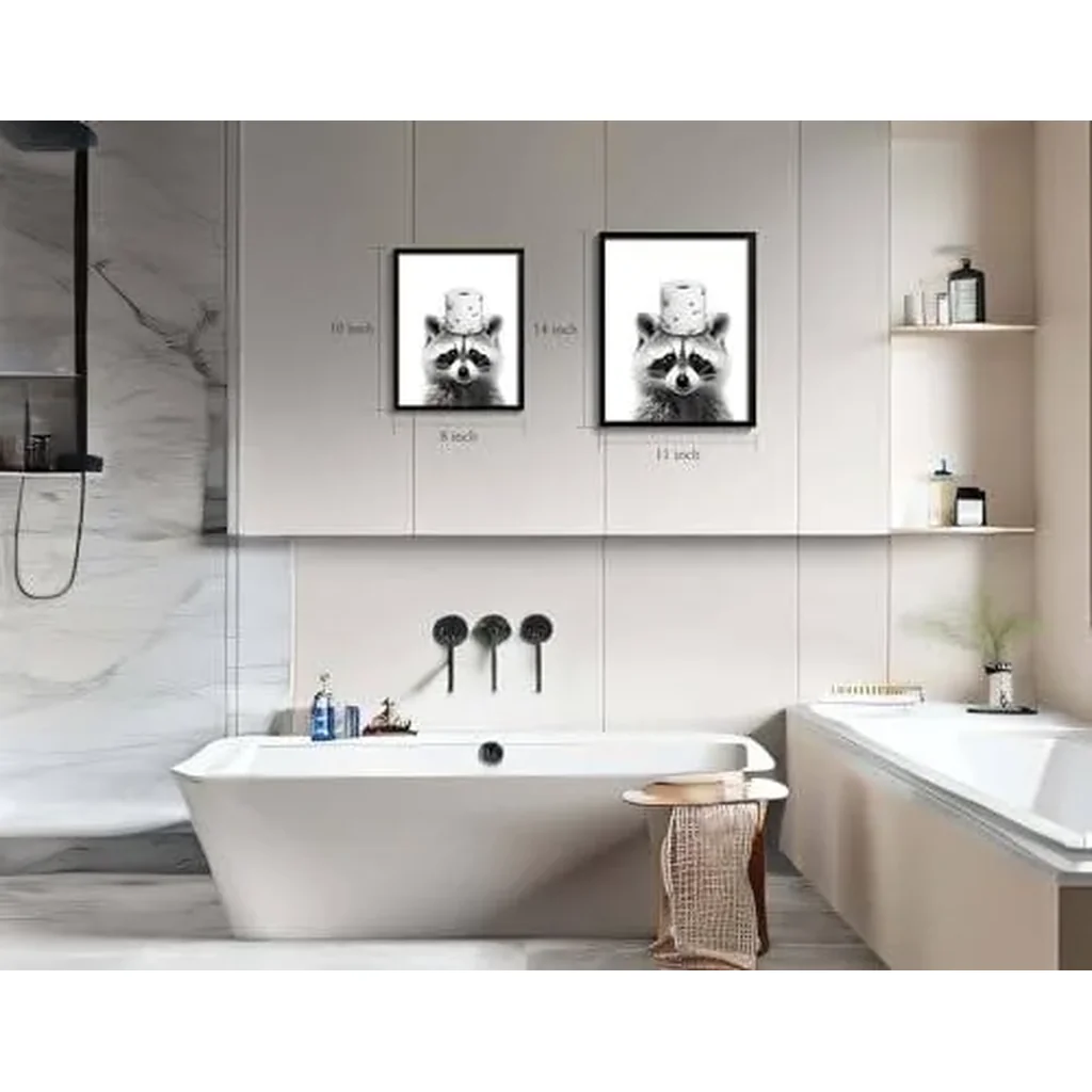 ALAYRA Framed Cute Raccoon Wall Art, Funny Bathroom Decor Wall Art, Black and White Canvas Print Farmhouse Wall Decor, Ready to Hang Kid's Room Decoration (Framed, 11''x14'') 01 - Image 2