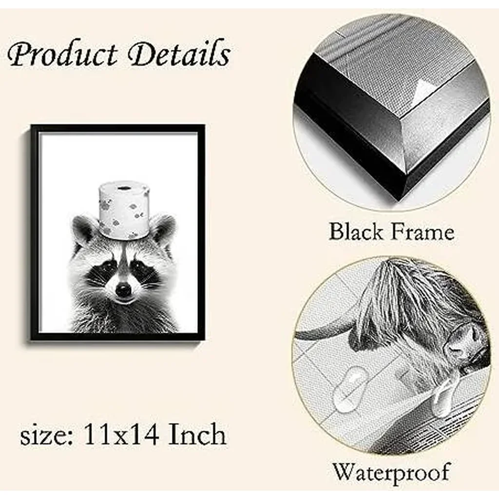 ALAYRA Framed Cute Raccoon Wall Art, Funny Bathroom Decor Wall Art, Black and White Canvas Print Farmhouse Wall Decor, Ready to Hang Kid's Room Decoration (Framed, 11''x14'') 01 - Image 4