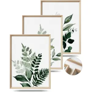 ALAYRA Framed Green Wall Art (No Plexiglass), Olive Leafs Canvas, 12x16in Botanical Wood Bohemia Sage Decor Prints for Bathroom Bedroom, Plant Neutral Artworks Set of 3 01