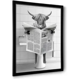 ALAYRA Framed Highland Cow Wall Art, Bathroom Decor Wall Art, Vintage Black and White Wall Decor, Funny Bathroom Decoration Signs, Humor Animals Artwork, Cute Canvas Print Ready to Hang (Framed, 16''x