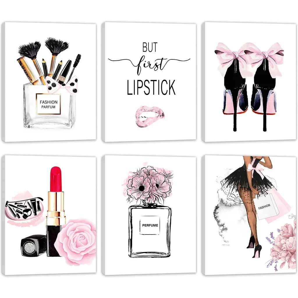 ALAYRA Framed Pink Fashion Wall Art Prints with WOODEN FRAME INSIDE Set of 6 Makeup Art Pictures Wall Decor Canvas Print Poster Modern Girls Room Decor for Bedroom Decor (8"x10" FRAME) 01