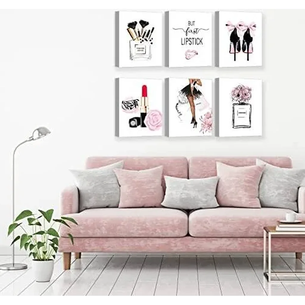 ALAYRA Framed Pink Fashion Wall Art Prints with WOODEN FRAME INSIDE Set of 6 Makeup Art Pictures Wall Decor Canvas Print Poster Modern Girls Room Decor for Bedroom Decor (8"x10" FRAME) 01 - Image 4