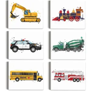 ALAYRA Framed Truck Wall Art Boys Room Decor Nursery Decor, Construction Car Canvas Prints Poster Painting for Kids Baby Room Playroom Home Decor Set Of 6(12"x 16") 01