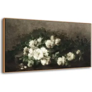 ALAYRA Framed Vintage Flower Canvas Wall Art, White Rose Still Life Painting Prints for Bedroom Decor, Classical Floral Pictures for Living Room Home Decorations, Ready to Hang 20"x40" 01