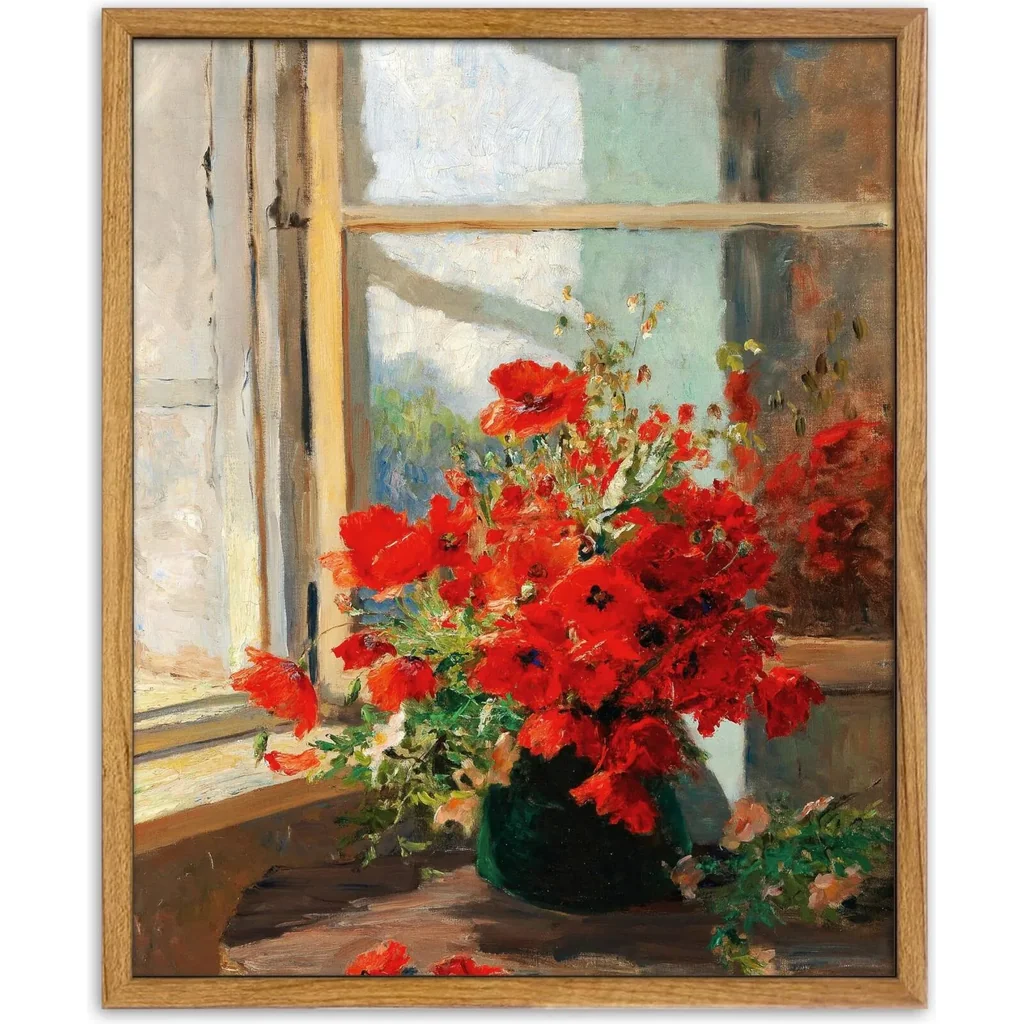 ALAYRA Framed Wall Art, Vintage Wall Art, Modern Farmhouse Decor, Red Flowers Print, Antique Wall Decor 12x16in 01