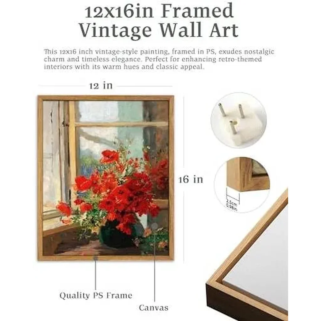 ALAYRA Framed Wall Art, Vintage Wall Art, Modern Farmhouse Decor, Red Flowers Print, Antique Wall Decor 12x16in 01 - Image 3