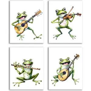 ALAYRA Frog Poster, Funny Cute Music Frog Decoration Art Poster for Living Room Bedroom Children's Room Decoration Room Home Decoration, Gift Set of 4 (8''x10'', Unframed) 01