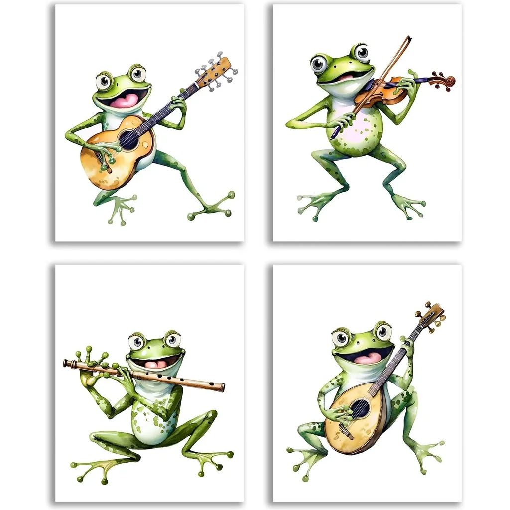 ALAYRA Frog Poster, Funny Cute Music Frog Decoration Art Poster for Living Room Bedroom Children's Room Decoration Room Home Decoration, Gift Set of 4 (8''x10'', Unframed) 01