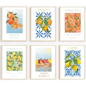 ALAYRA Fruit Wall Art Kitchen Artwork Wall Decor Fruit Prints Colorful Lemon Canvas Wall Art Vintage Pictures Fruit Market Poster Lemon Orange Prints Set of 6 for Room Bedroom 8x10 Inch Unframed 01