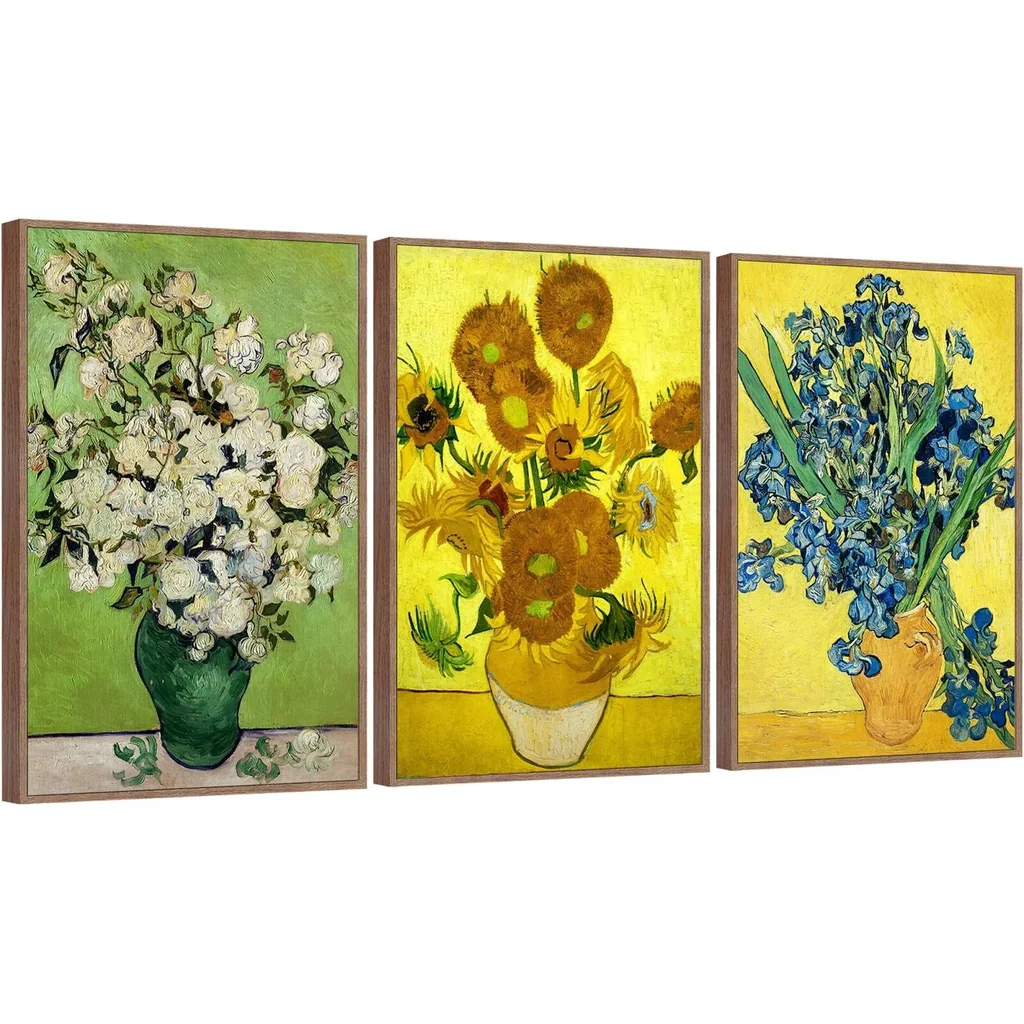 ALAYRA FULL HOUSE Framed Canvas Wall Art of Van Gogh Oil Paintings - Roses & Sunflowers & Irises - Impressionism Aesthetic Canvas Prints Wall Paintings for Living Room Bedroom Office Home, 3 Panels 01