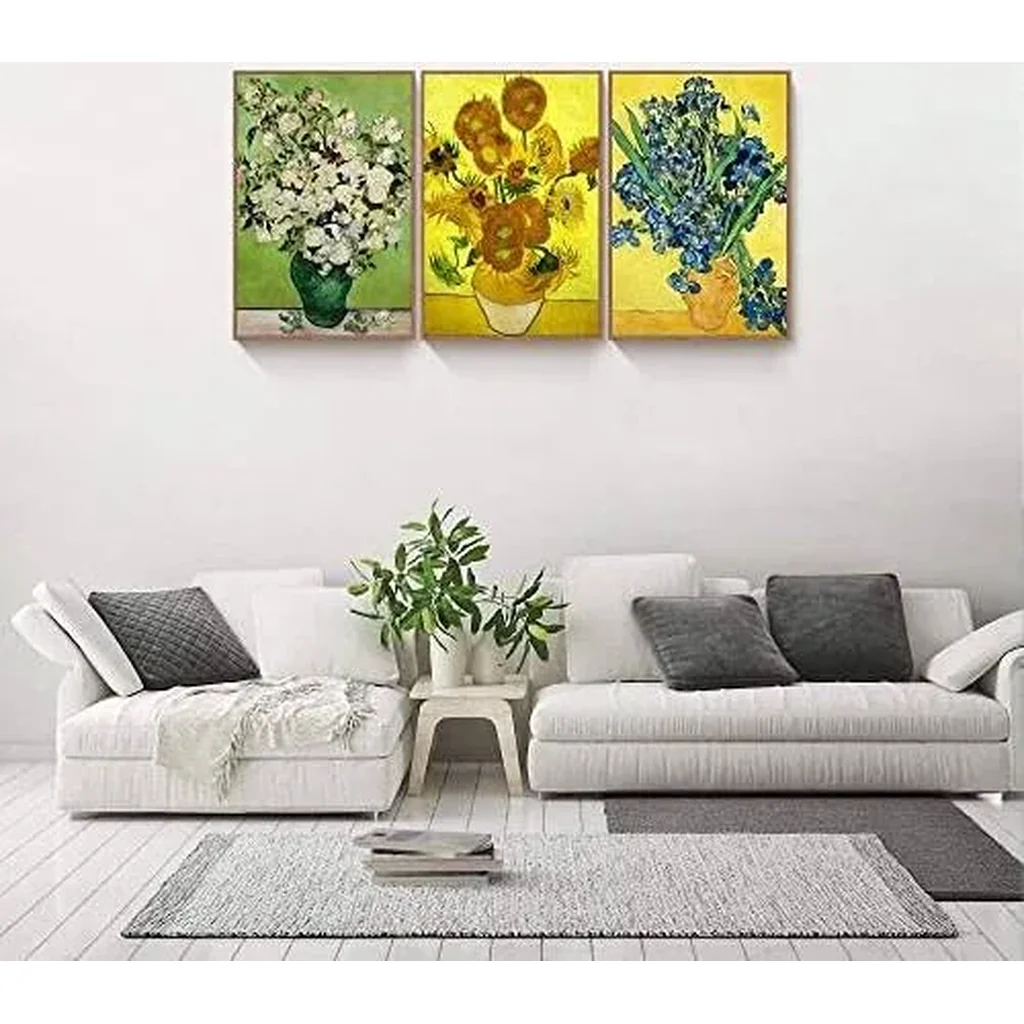 ALAYRA FULL HOUSE Framed Canvas Wall Art of Van Gogh Oil Paintings - Roses & Sunflowers & Irises - Impressionism Aesthetic Canvas Prints Wall Paintings for Living Room Bedroom Office Home, 3 Panels 01 - Image 2
