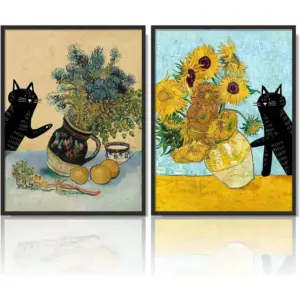 ALAYRA Fun Black Cat Floral Sunflower Wall Art Vase Flower Abstract Color Print Poster Van Gogh Wall Print Farmhouse Gallery Bathroom Dorm Room Vintage Room Decor 2 Piece Set Unframed 12x16 Inch 01