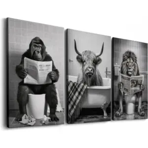 ALAYRA Funny Animal Canvas Wall Art - Black and White Bathroom Decor, Set of 3 Ready to Hang (12''x16'') 01