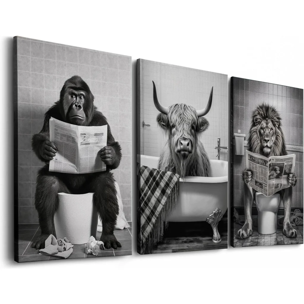 ALAYRA Funny Animal Canvas Wall Art - Black and White Bathroom Decor, Set of 3 Ready to Hang (12''x16'') 01
