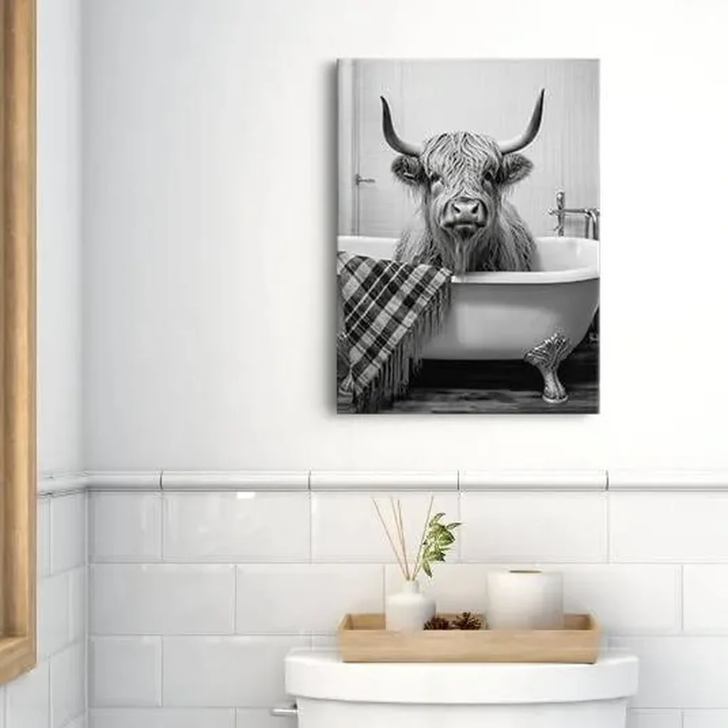 ALAYRA Funny Animal Canvas Wall Art - Black and White Bathroom Decor, Set of 3 Ready to Hang (12''x16'') 01 - Image 2