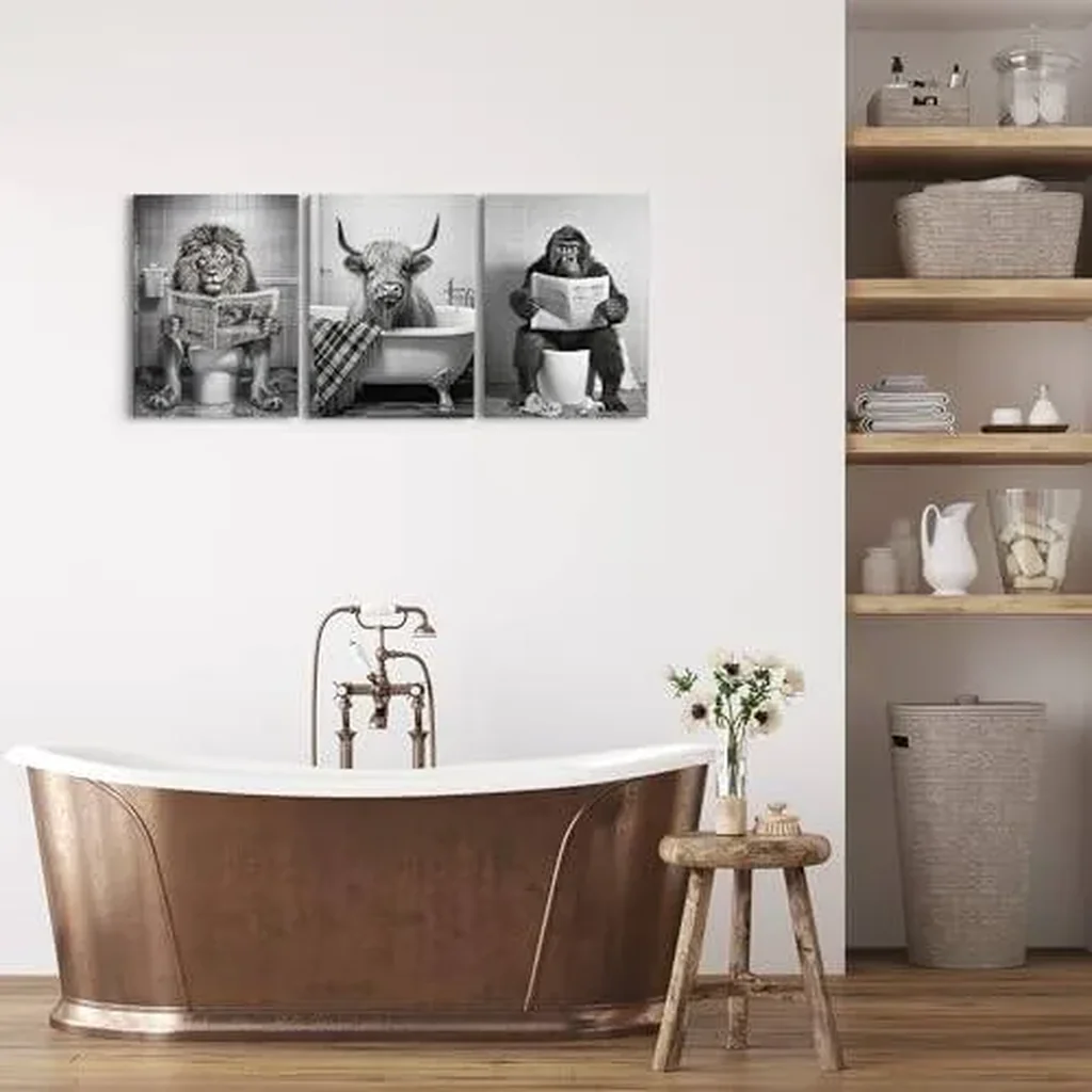 ALAYRA Funny Animal Canvas Wall Art - Black and White Bathroom Decor, Set of 3 Ready to Hang (12''x16'') 01 - Image 3
