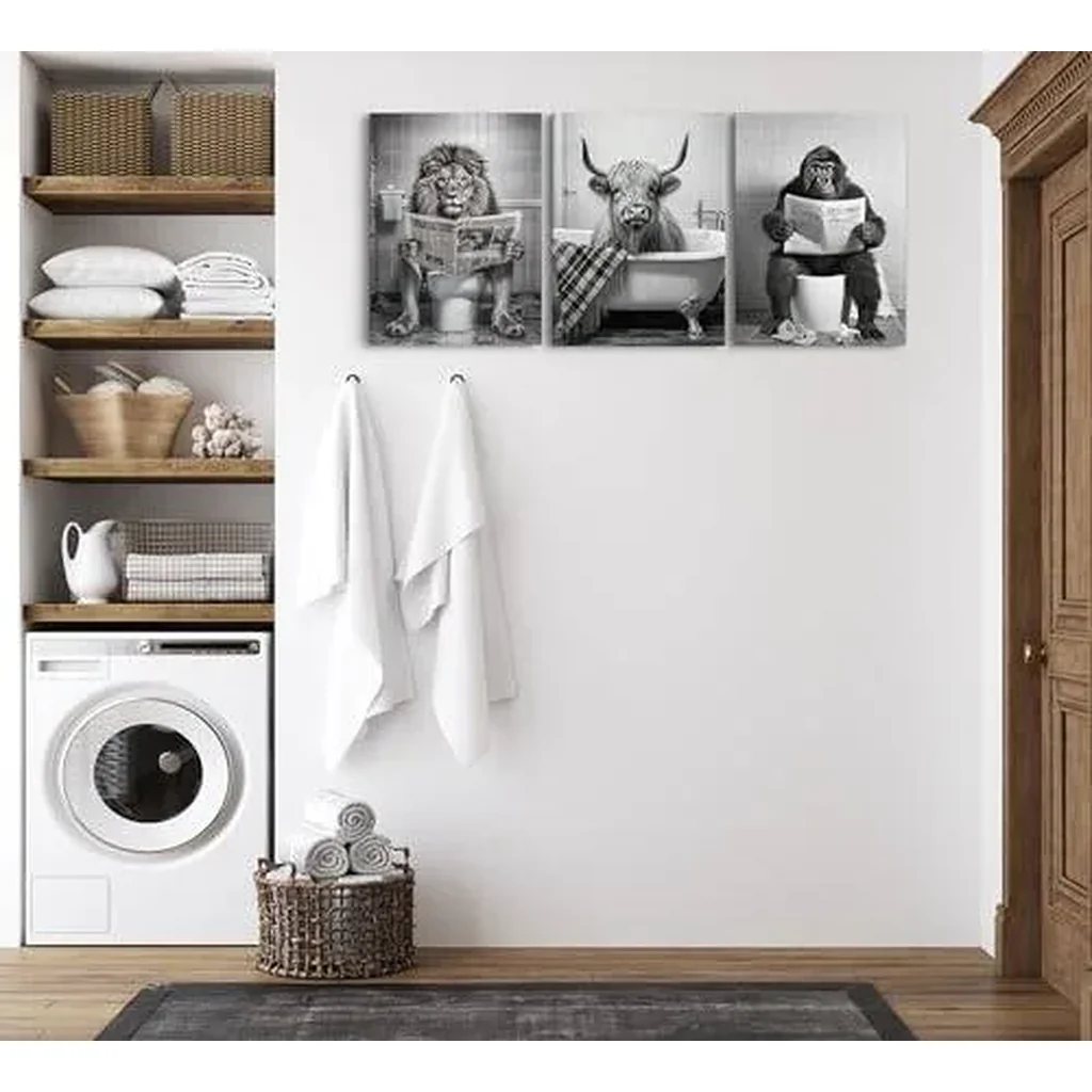ALAYRA Funny Animal Canvas Wall Art - Black and White Bathroom Decor, Set of 3 Ready to Hang (12''x16'') 01 - Image 4