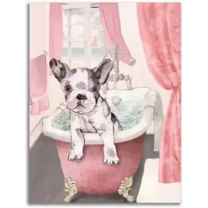 ALAYRA Funny Bathroom Decor Bath Wall Art Puppy Wall Art In Bathtub Pink Humor Animals Bathroom Artwork Prints Modern Wall Art Kids Girls Bedroom Decorative Painting 11x15 01