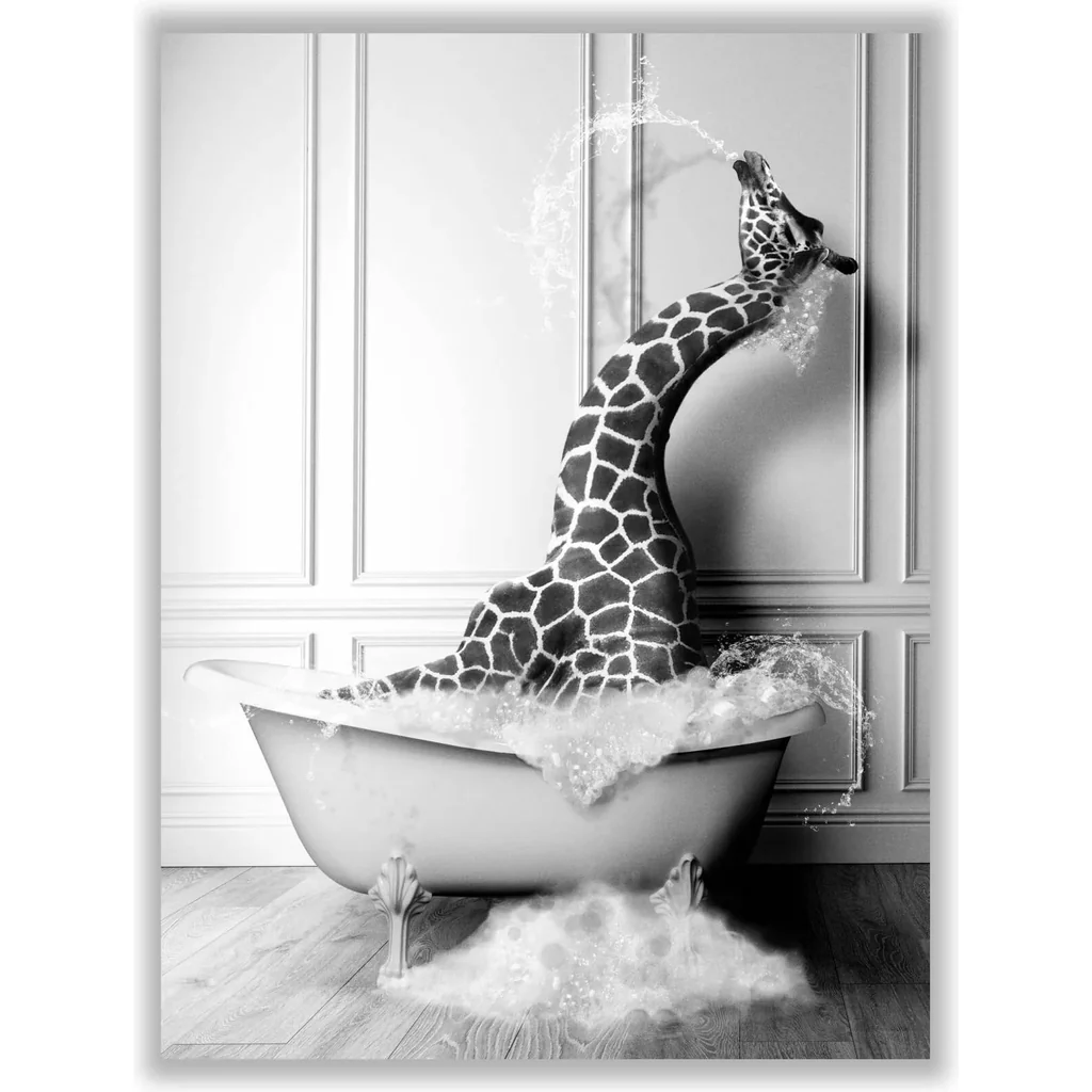 ALAYRA Funny Bathroom Decor Giraffe Animals Bathtub PosterUnframed (12 x 16 Inch) Bathroom Wall Decor, Black and White Bathroom Decor, Giraffe Wall Art Photo Pics Poster Funny Bathroom Modern Cute Chi