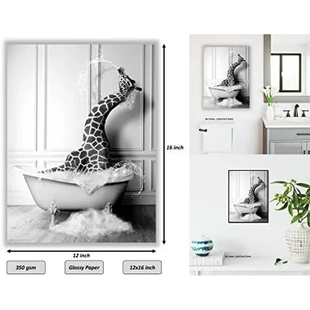 ALAYRA Funny Bathroom Decor Giraffe Animals Bathtub PosterUnframed (12 x 16 Inch) Bathroom Wall Decor, Black and White Bathroom Decor, Giraffe Wall Art Photo Pics Poster Funny Bathroom Modern Cute Chi - Image 2