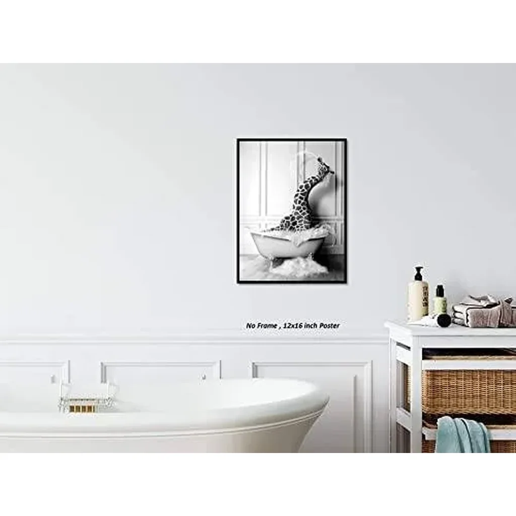 ALAYRA Funny Bathroom Decor Giraffe Animals Bathtub PosterUnframed (12 x 16 Inch) Bathroom Wall Decor, Black and White Bathroom Decor, Giraffe Wall Art Photo Pics Poster Funny Bathroom Modern Cute Chi - Image 3