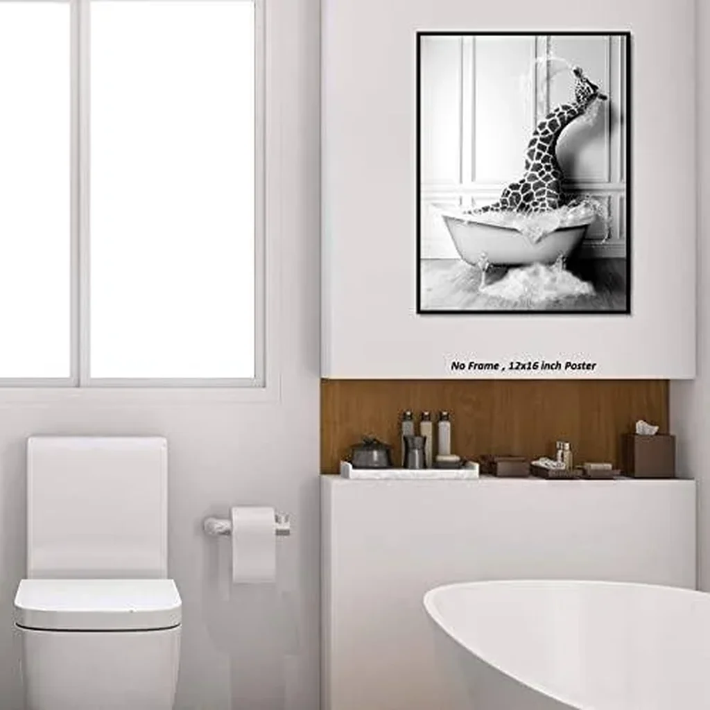 ALAYRA Funny Bathroom Decor Giraffe Animals Bathtub PosterUnframed (12 x 16 Inch) Bathroom Wall Decor, Black and White Bathroom Decor, Giraffe Wall Art Photo Pics Poster Funny Bathroom Modern Cute Chi - Image 6