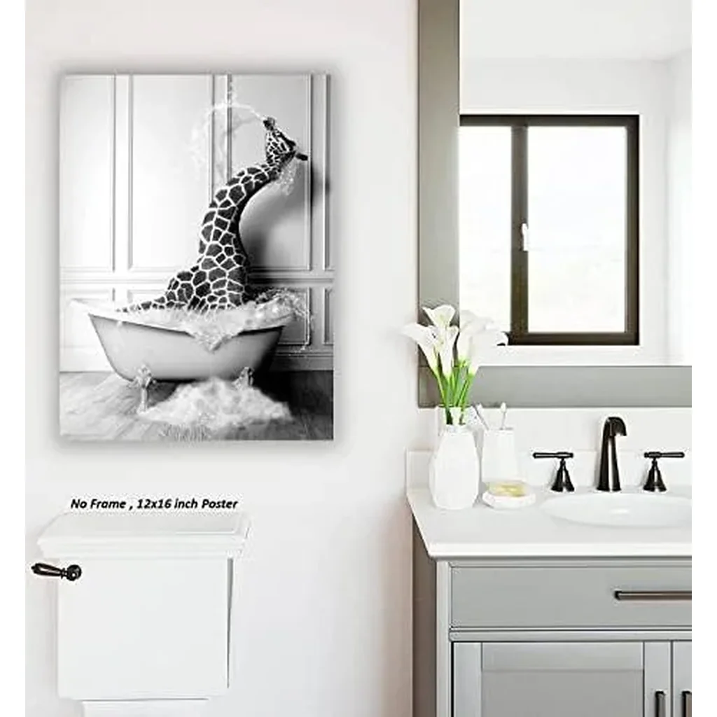ALAYRA Funny Bathroom Decor Giraffe Animals Bathtub PosterUnframed (12 x 16 Inch) Bathroom Wall Decor, Black and White Bathroom Decor, Giraffe Wall Art Photo Pics Poster Funny Bathroom Modern Cute Chi - Image 7
