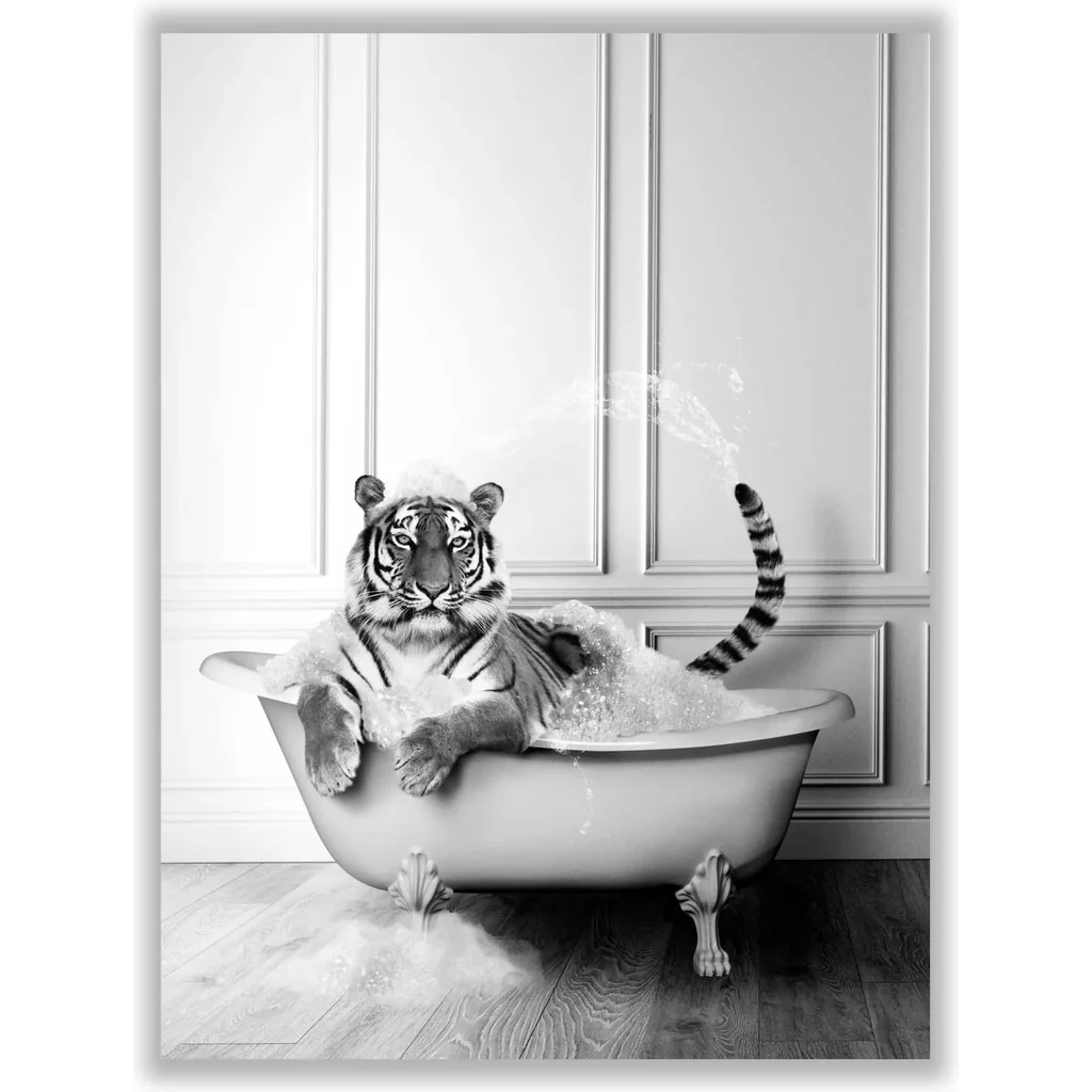 ALAYRA Funny Bathroom Decor Tiger Animals Bathtub PosterUnframed (12 x 16 Inch) Bathroom Wall Decor, Black and White Bathroom Decor, Tiger Wall Art Photo Pics Poster Funny Bathroom Modern Cute Chic Co