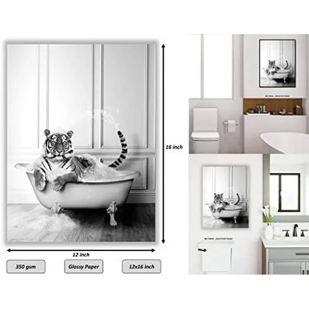 ALAYRA Funny Bathroom Decor Tiger Animals Bathtub PosterUnframed (12 x 16 Inch) Bathroom Wall Decor, Black and White Bathroom Decor, Tiger Wall Art Photo Pics Poster Funny Bathroom Modern Cute Chic Co - Image 2