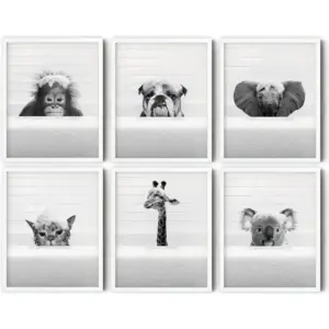 ALAYRA Funny Bathroom Decor Wall Art Cute Black and White Animals Artwork Rustic Farmhouse Home Wall Decor Cat Dog Giraffe Elephant Pictures Prints for Living Room Kids Bathroom, (6PCS, 8"x10", Unfram